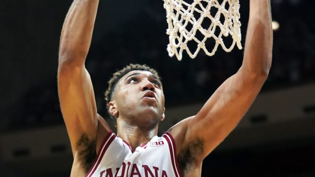 Nov 7, 2022; Bloomington, Indiana, USA; Indiana Hoosiers forward Trayce Jackson-Davis (23) dunks the ball during the first half at Simon Skjodt Assembly Hall.